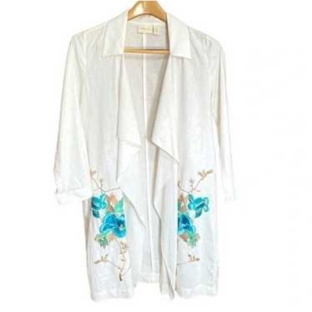 Chicos Linen/Cotton Blend Floral Embroidered Jacket/Kimono Size 2, NWT!
